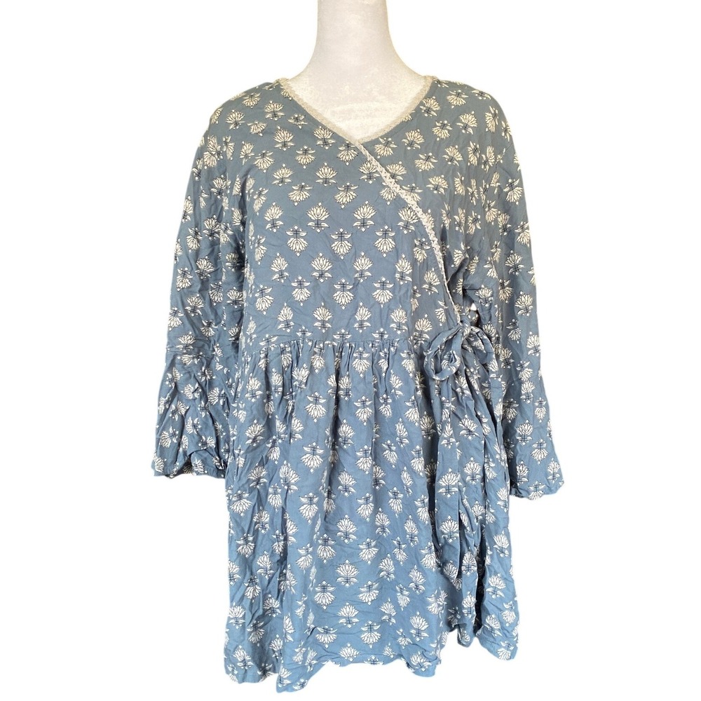 Block Print Floral Bell Sleeve Babydoll Lace Trim Blue Wrap Tunic XL Cotton Boho